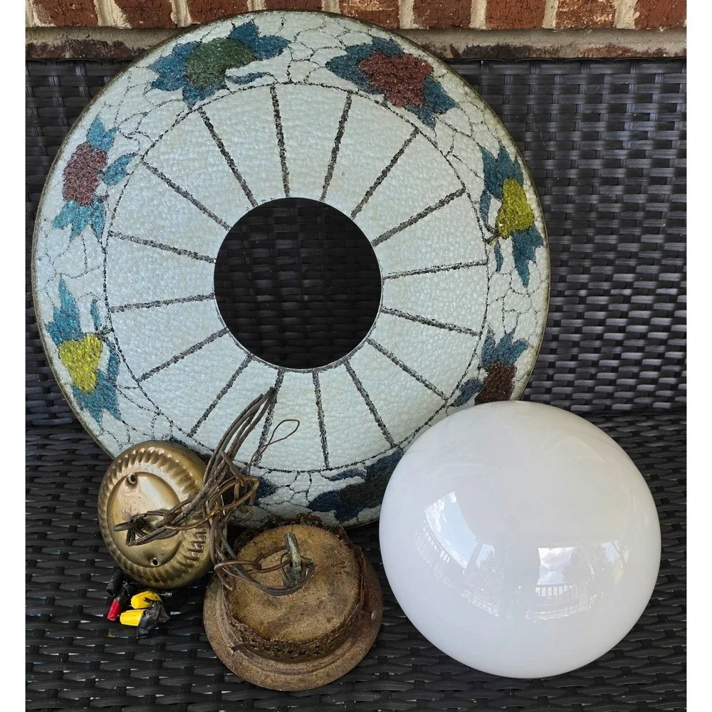 VTG Mid Century 50s Americana Swag Lamp Fruit Motif Tiffany Style Stained Glass